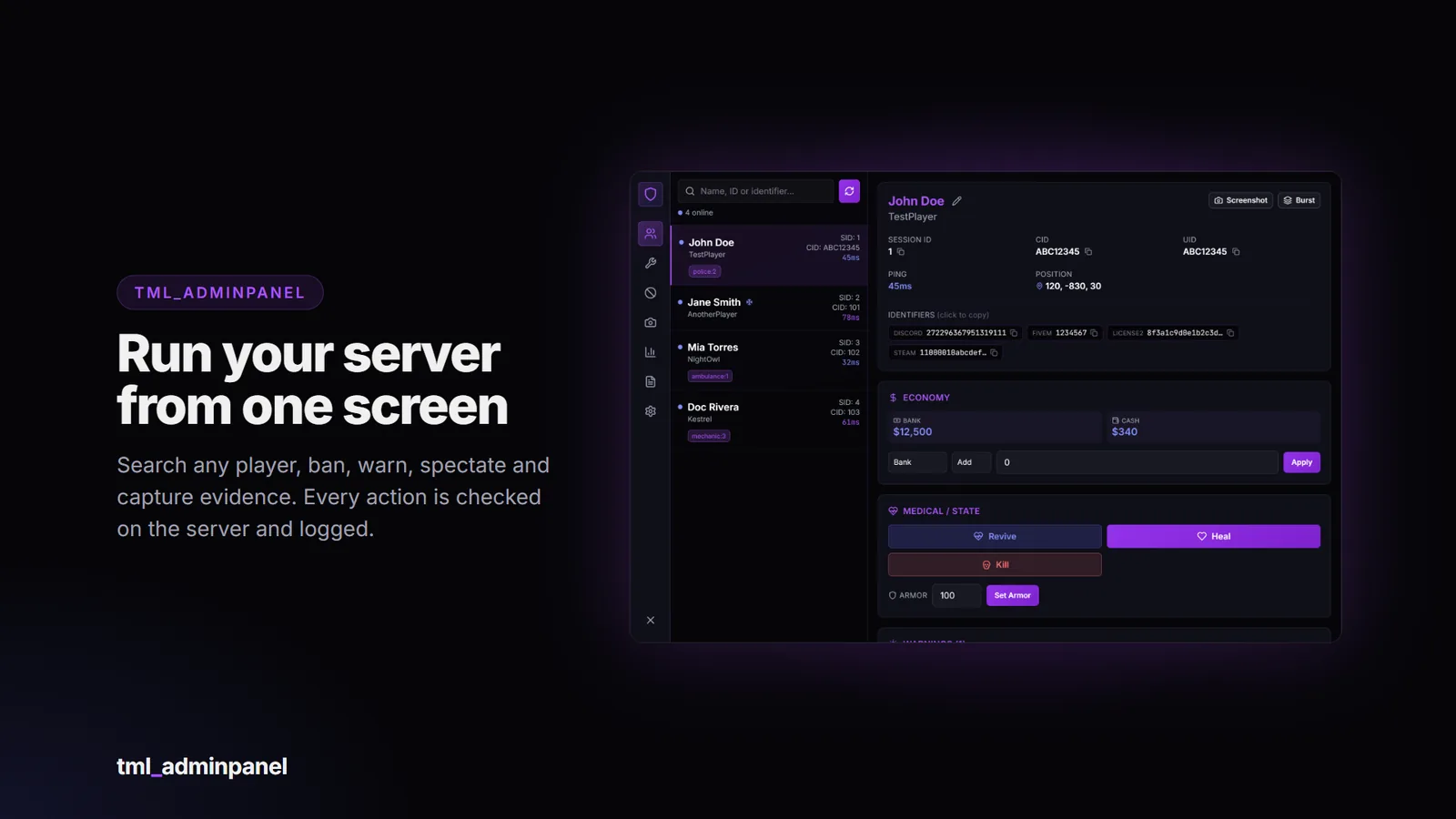 The admin panel with a player selected