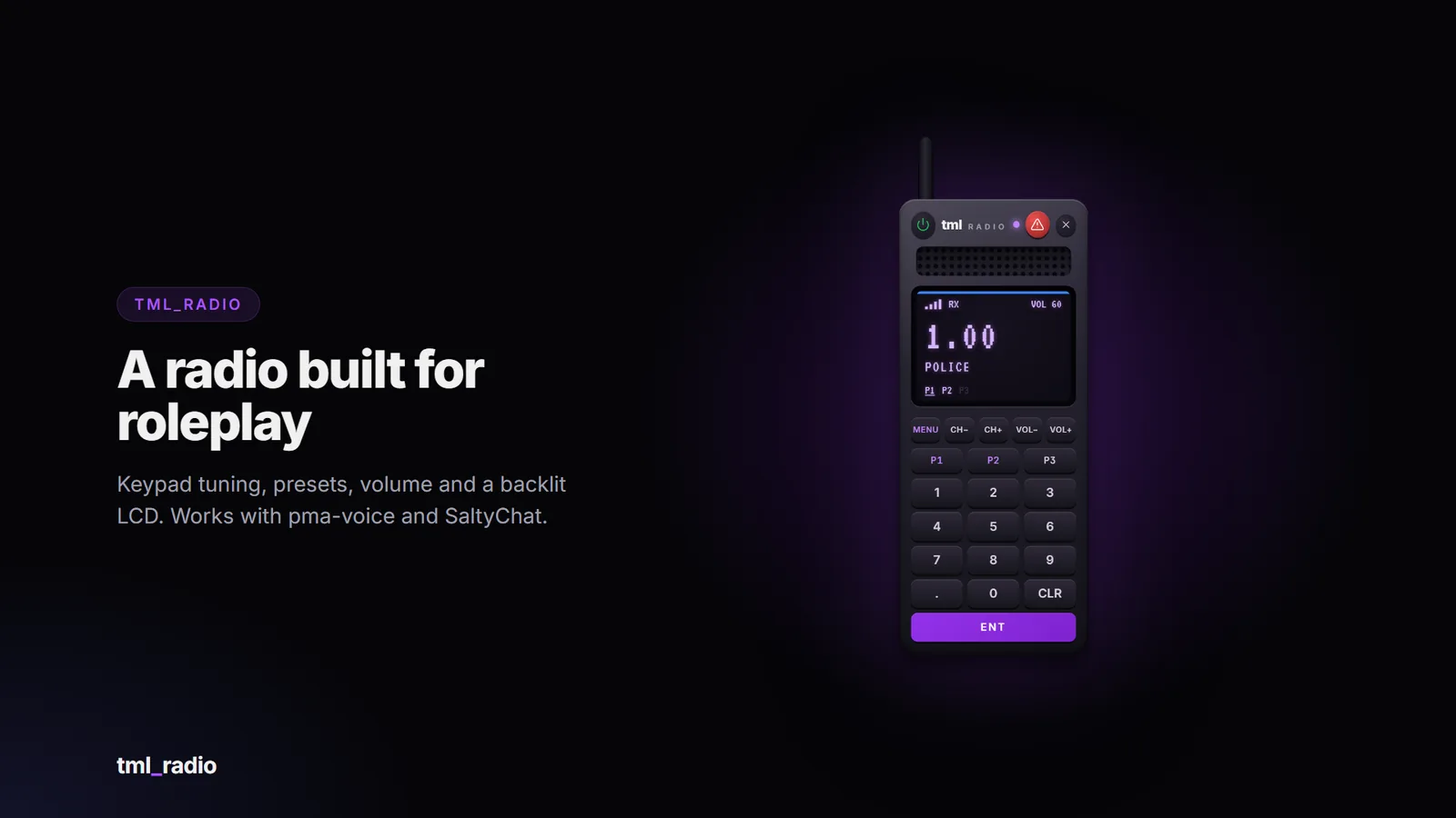 The tml radio with its keypad and backlit LCD tuned to a police frequency